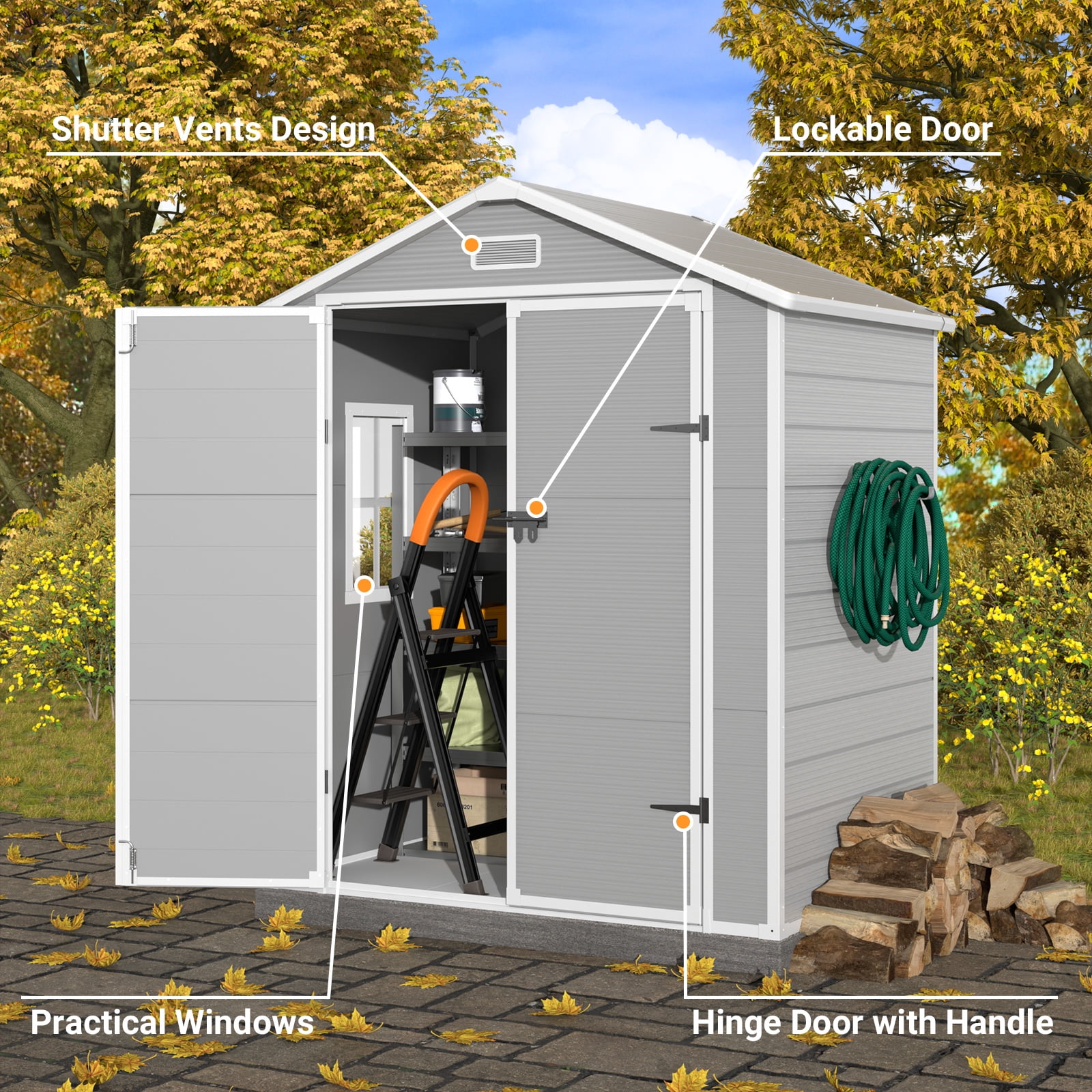 ELPOSUN Outdoor Storage Shed 6x4.5 ft, Resin Outside Sheds & Outdoor Storage Plastic for Trash Can, Bike, Lawnmower, Generator, Tool Shed with Lockable Door for Backyard, Lawn, Patio, Grey & White
