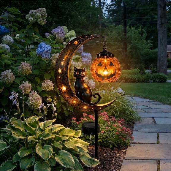 Solar Halloween Black Cat Pumpkin Moon Stake Light, Waterproof LED Light with Hanging Pumpkin Lantern, Outdoor Halloween Decor for Yard Porch Walkway Garden (1pc)