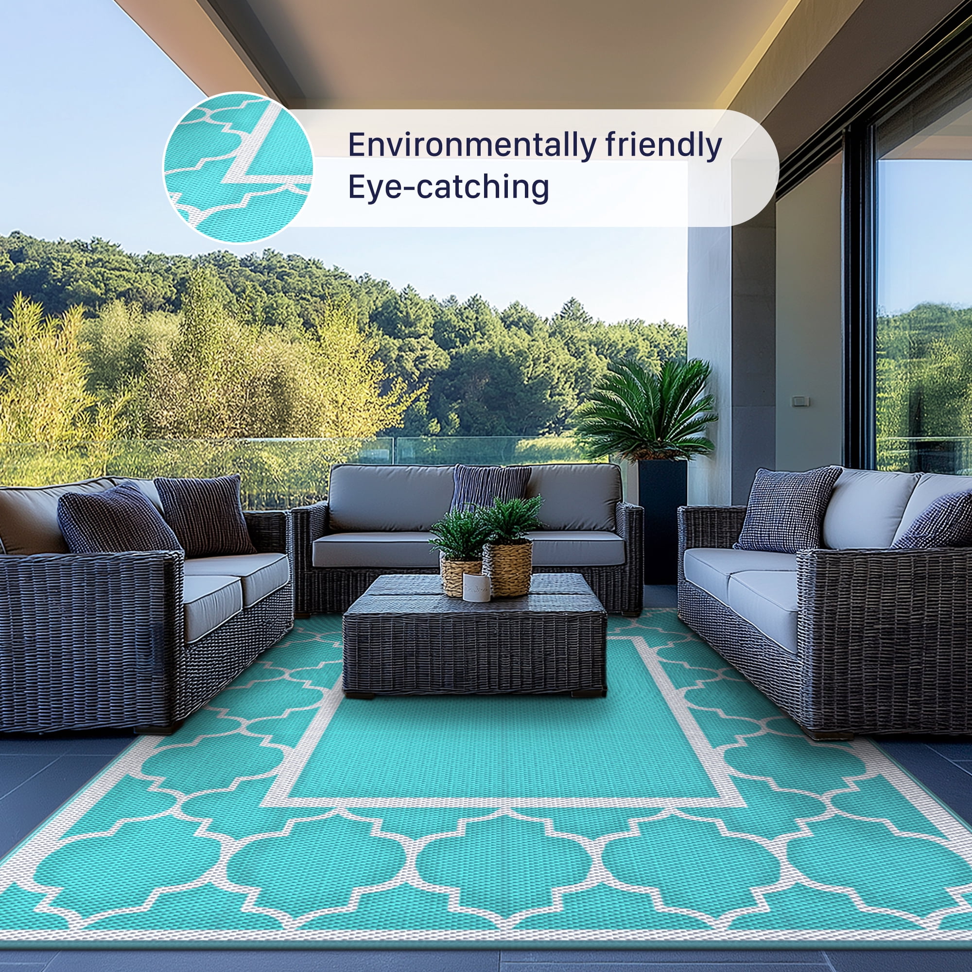 DEORAB Outdoor Rugs Waterproof Plastic Straw Mat 6'x9' Reversible for RV Patio Deck Beach Aqua Blue & White