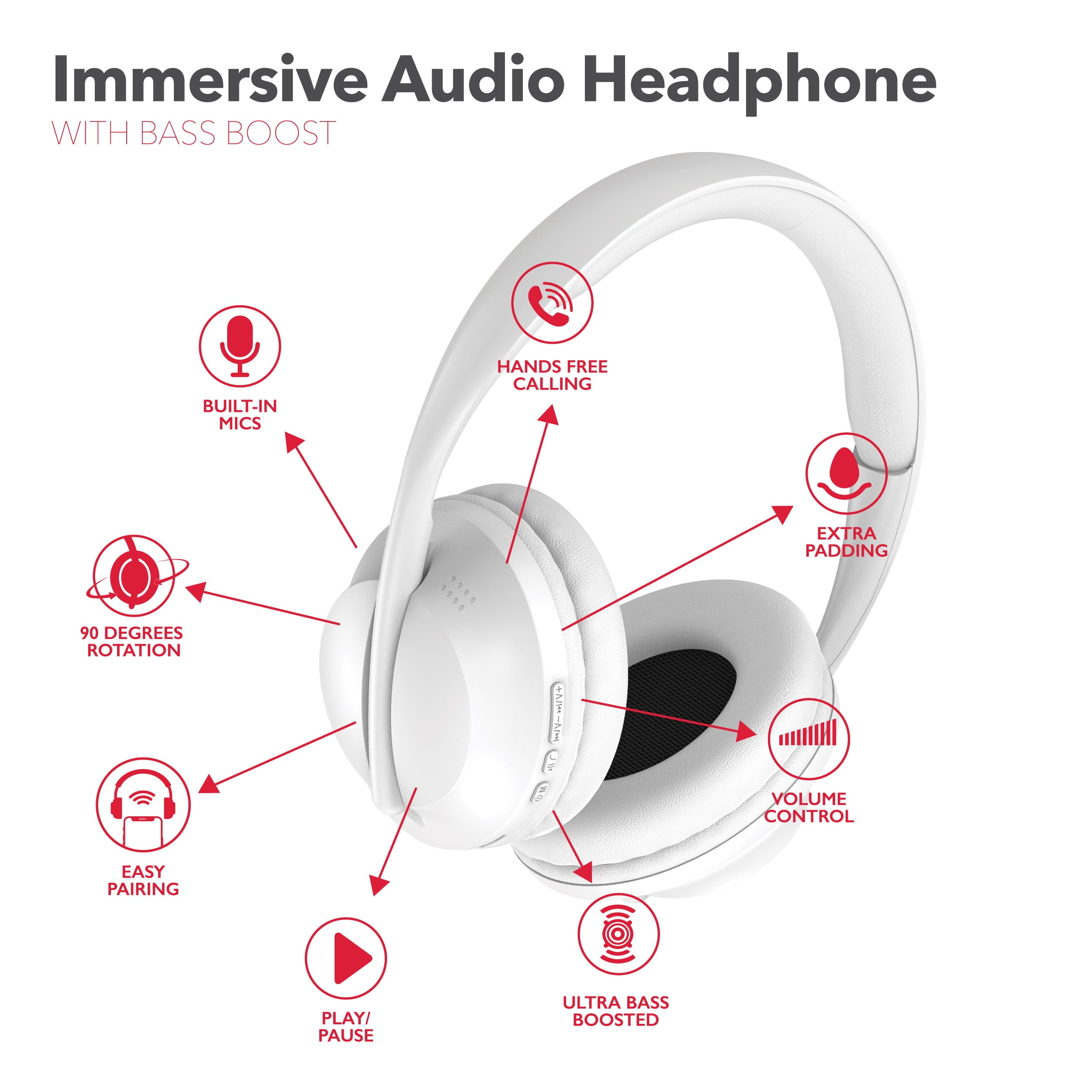 RCA Wave-55 Bluetooth Headphones, 40H Playtime, Hi-Res Audio, White