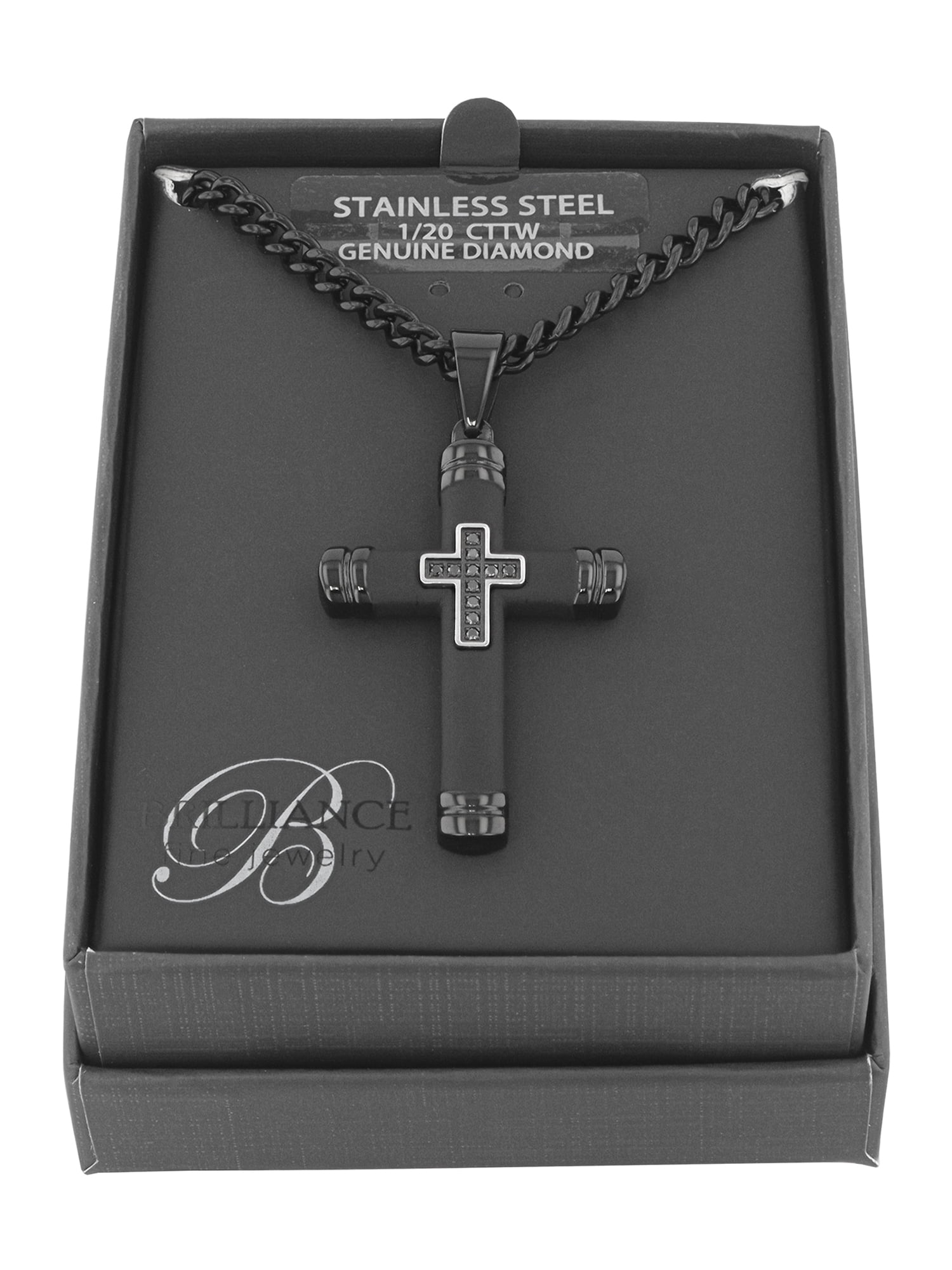 Men's Black Diamond Accent Black Finish Stainless Steel Cross Pendant 24" Necklace