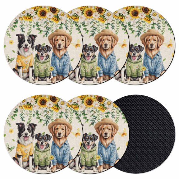 Spring Dog Coasters Set of 6, Absorbent Coasters for Drinks, Sunflower Daisy Botanical Rustic Coaster for Desk Coffee Table Protection, Home Decor House Warming Gifts 4"