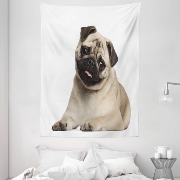 Pug Tapestry, Nine Months old Pug Puppy Lying Around Cute Pet Funny Animal Domestication Print, Wall Hanging for Bedroom Living Room Dorm Decor, 60W X 80L Inches, Pale Brown Black, by Ambesonne