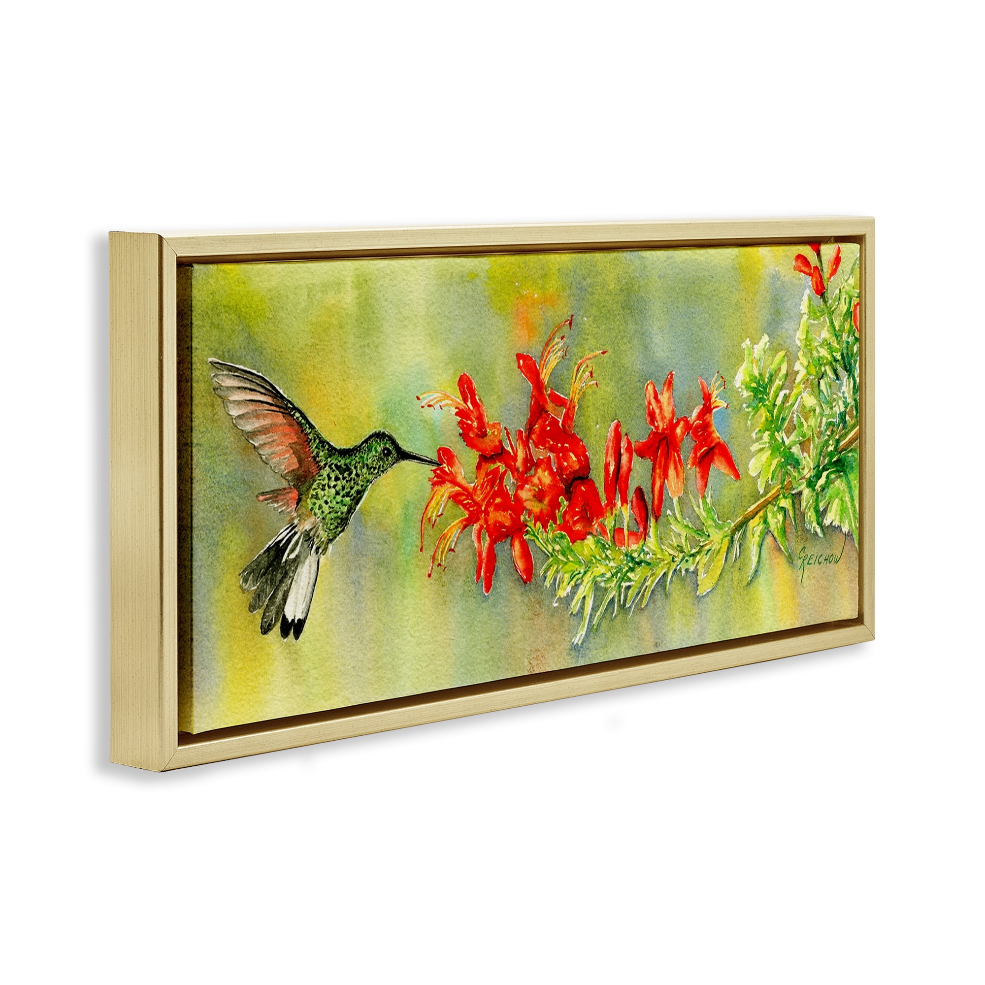 Stupell Industries Quick Sip Hummingbird Animals & Insects Painting Gold Floater Framed Canvas Art Print Wall Art, 25 x 11