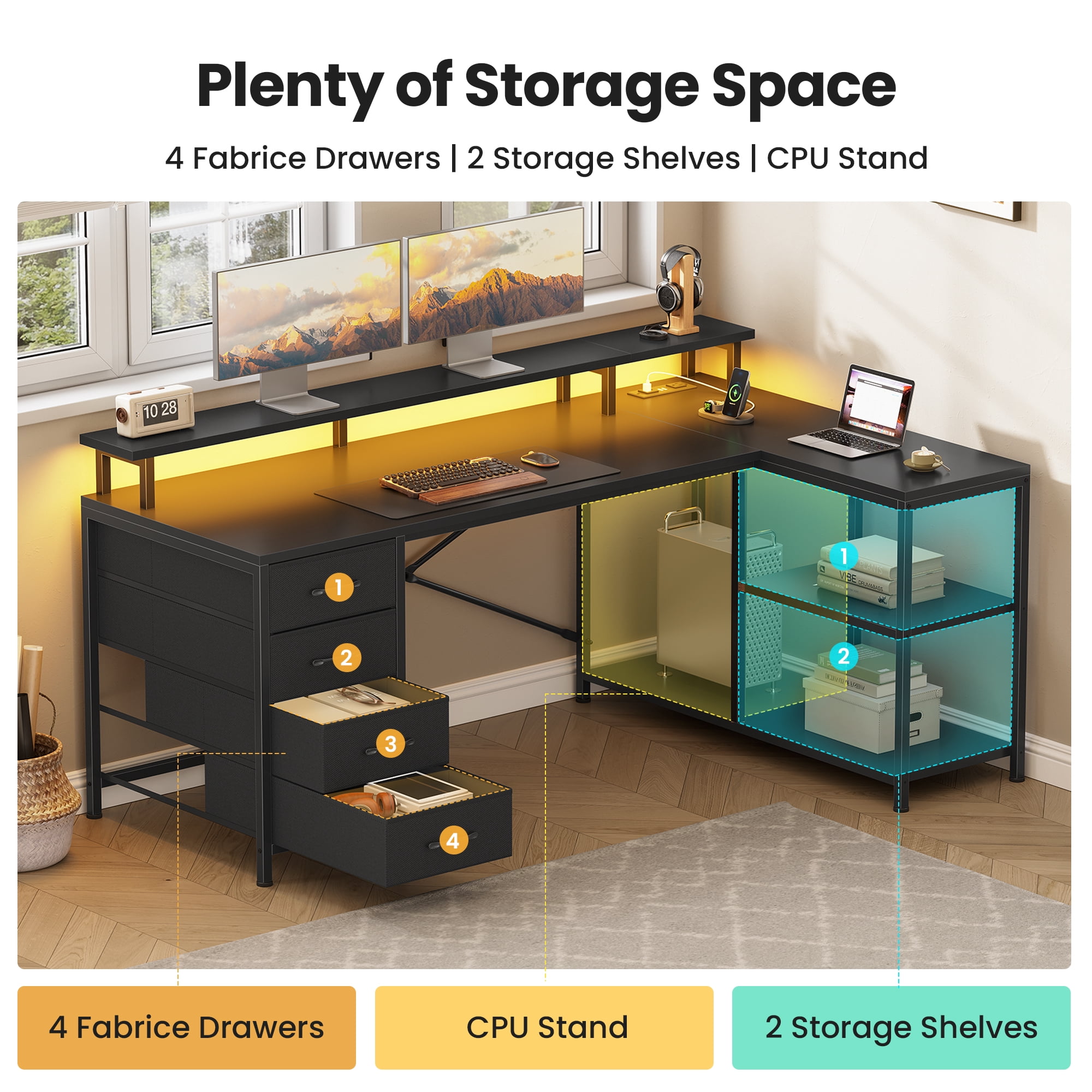 47" Gaming Desk with Power Outlets & LED Lights, L Shaped Desk with Fabric Drawers & CPU Stand, Corner Computer Desk with Open Shelves for Small Space, Black