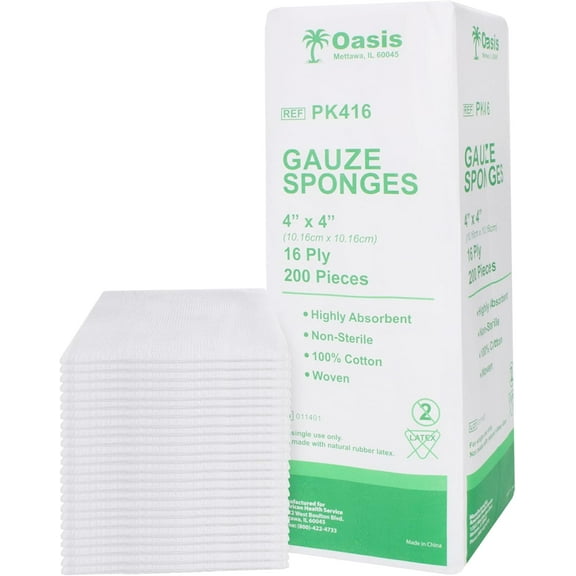 Oasis Gauze Sponges, 100% Cotton, Woven Non-Sterile Gauze (Pack of 200) (4"x4", 16-Ply)