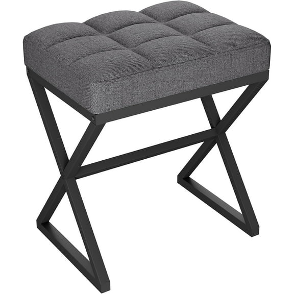 Vanity Stool, Linen Footrest, Ottoman Bench with X-Shaped Metal Legs, Makeup Dressing Stool for Vanity, Living Room, Bedroom, Entryway, Hallways 15.74" D×11.81" W×18.11" H Grey