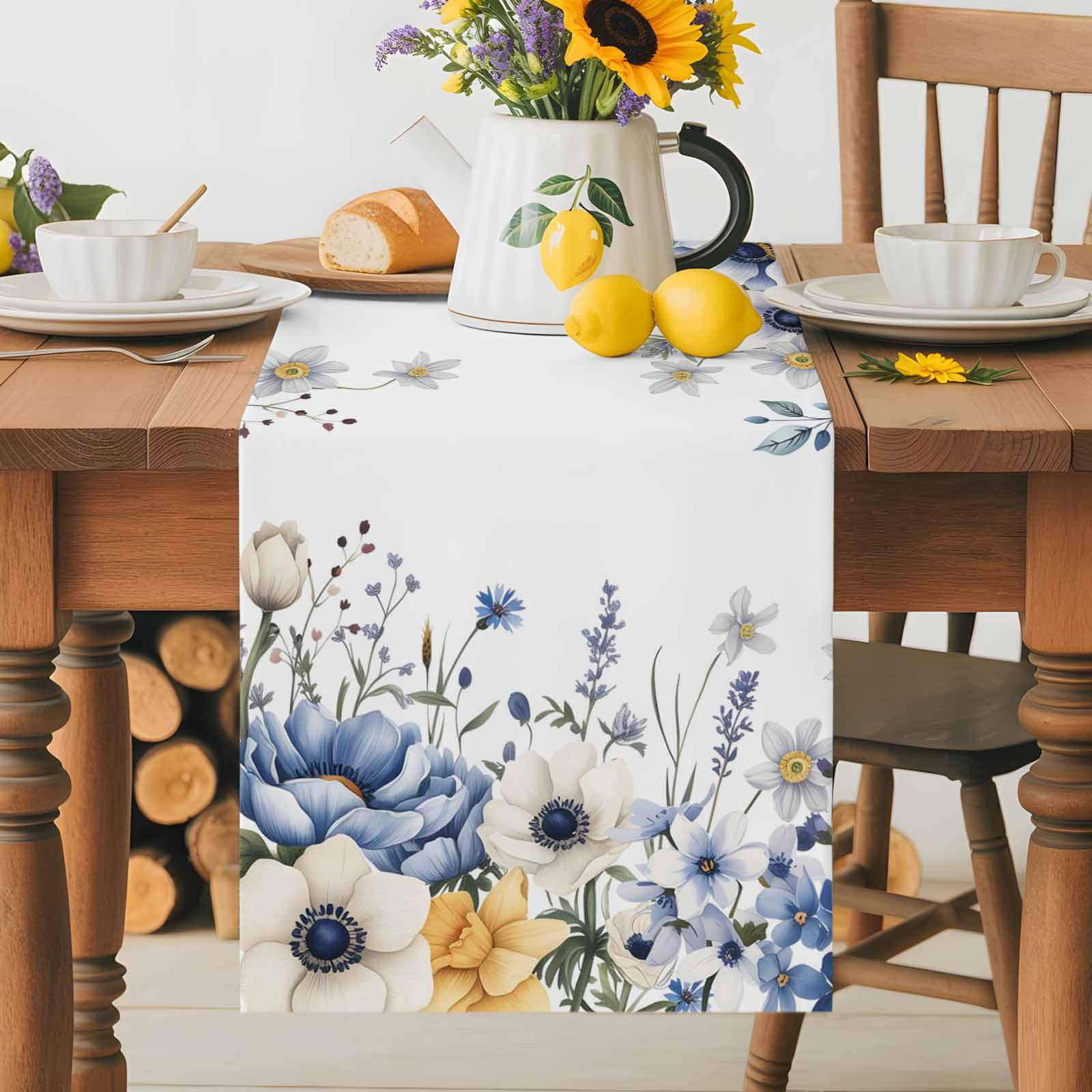 Country Blue Flowers Table Runner 90 Inches Long, Watercolor Eucalyptus Leaves Table Runners Tabletop Scarf Kitchen Dining Tables Decoration for Home Party Indoor Outdoor