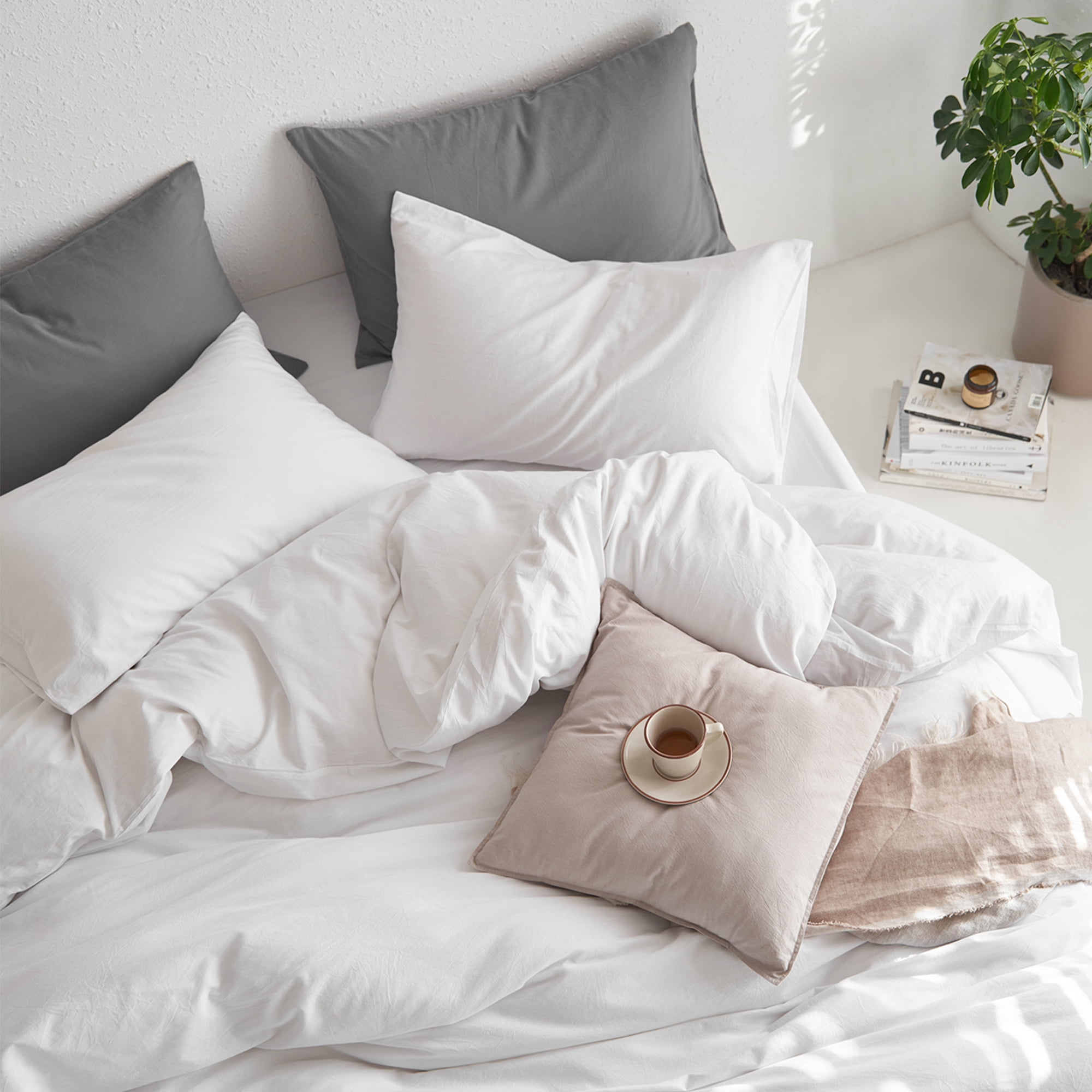 MooMee Duvet Cover Set Queen 100% Washed Cotton Twill Ultra-Soft Breathable Linen Like 3-Piece (Bright White, 90"x90")