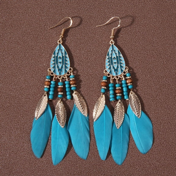 Janrevotw Teardrop Fringe Feather Earrings For Women, Long Bohemian-Style Pearl Earrings, European And American-Style Ethnic-Inspired Travel And Vacation Accessories