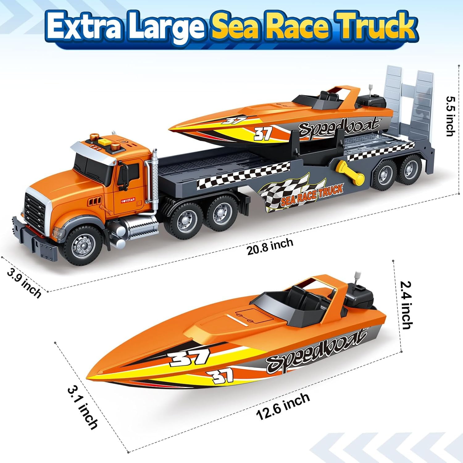 3-in-1 Large Flatbed Truck Toy with a Sea Race Truck, Friction Powered Vehicles Toys with Lights and Sounds, Gift for 3+ Year Old Kids Boys Girls