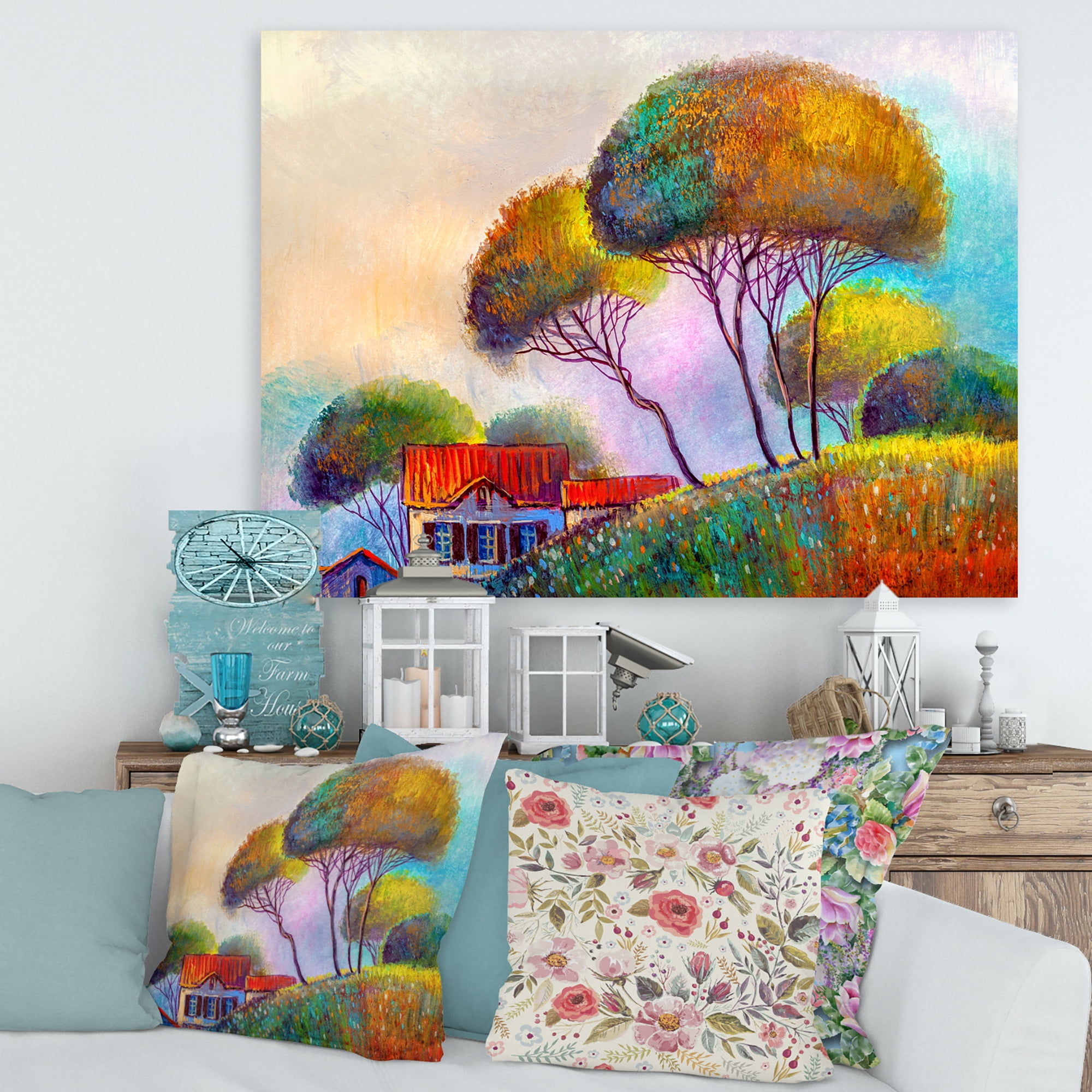 Designart ' Beautiful Village House On A Hot Summer Day ' Modern Canvas Wall Art Print
