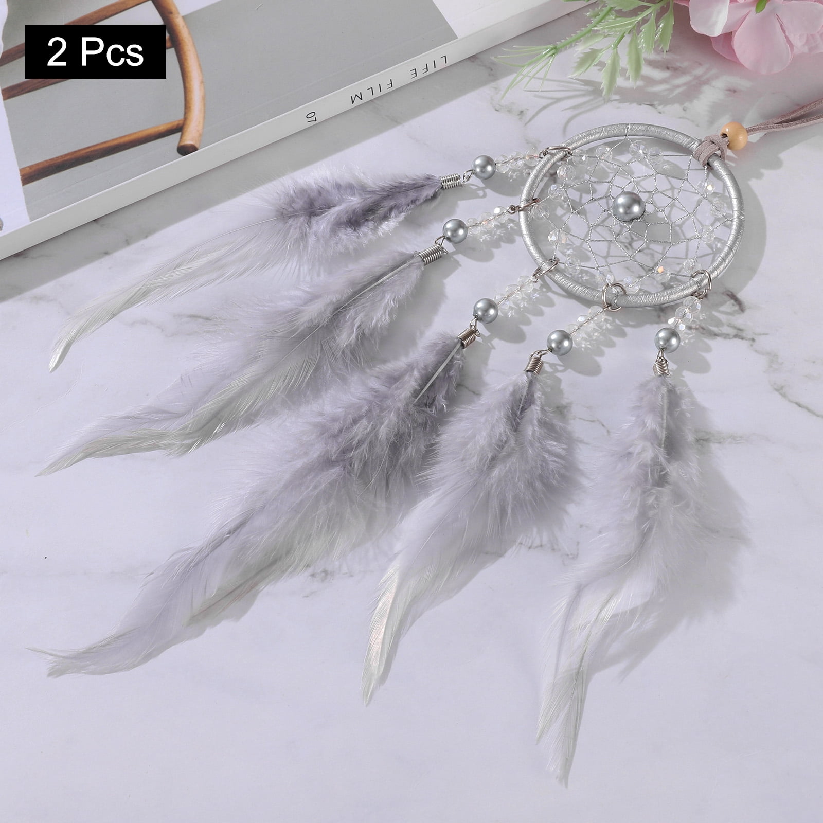 Unique Bargains Dream Catchers Handmade Feather Dreamcatcher with Crystal Beads Gray