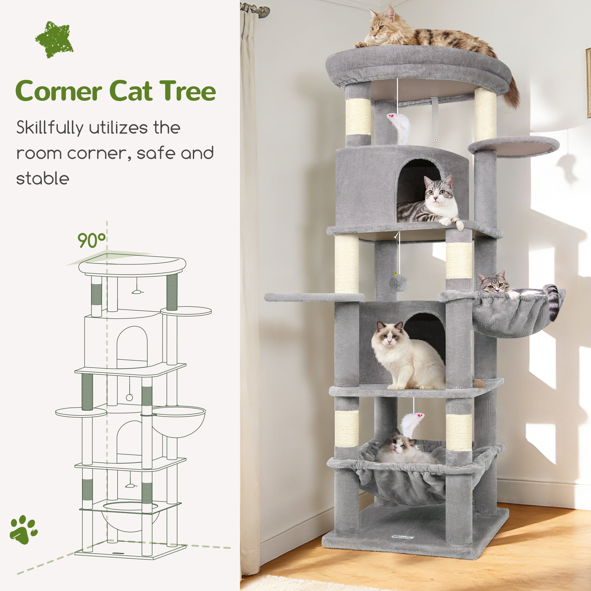 Globlazer 68" XL Corner Cat Tree Tower Condo for Large Cats - 6 Sisal Scratching Posts, 2 Condos, Hammock & Hanging Basket, Light Grey