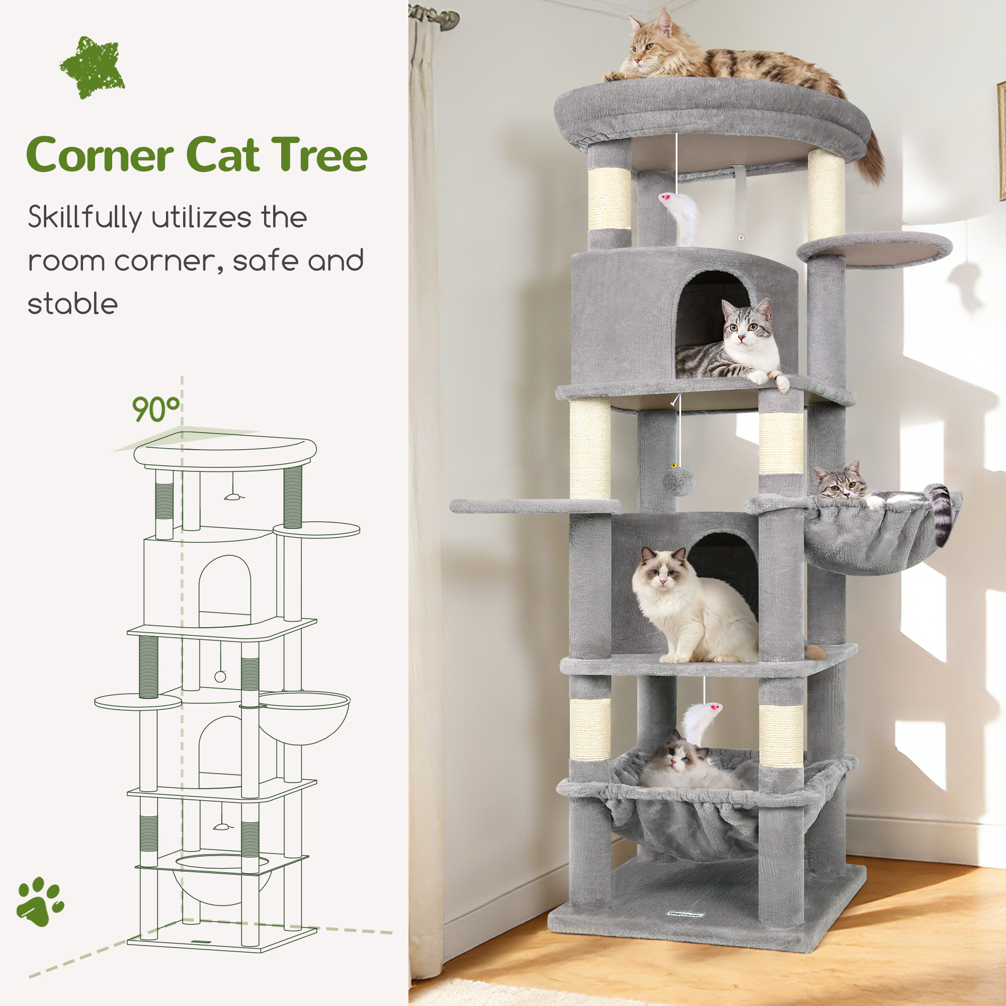 Globlazer 68" Corner Cat Tree with 6 Scratching Posts and 2 Condos, Light Grey photo 8