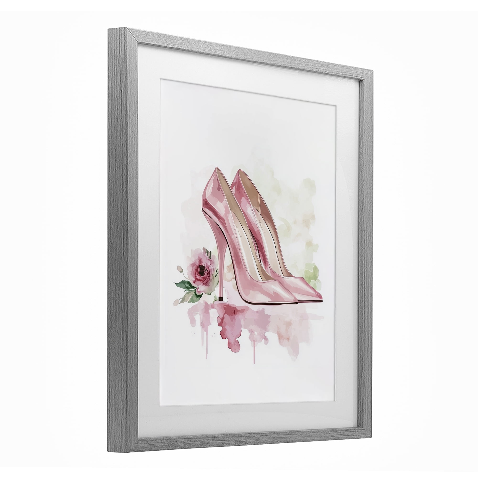 Rosy Pastel Heels Gray Framed Print Under Glass, design by Christine Simpson Art