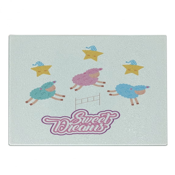 Saying Cutting Board, Cartoon Sheep Jumping over Fences Colorful Farm Animal Design with Sleep Theme, Decorative Tempered Glass Cutting and Serving Board, Small Size, Multicolor, by Ambesonne