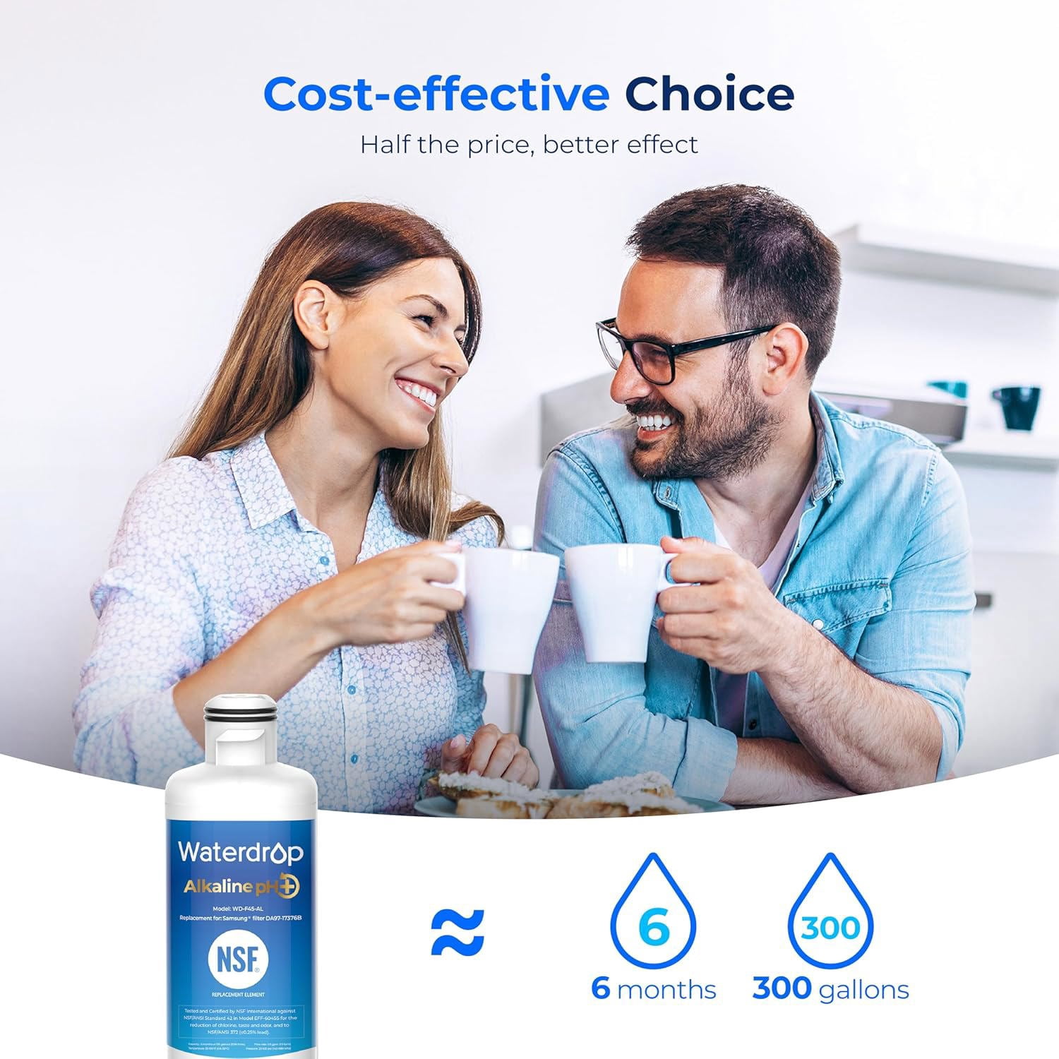 Waterdrop Alkaline WD-F45-AL Refrigerator Water Filter, Replacement for Samsung® DA97-17376B HAF-QIN/EXP, DA97-08006C, RF28R7201SR, RF28R7351SG, Enhances pH, 2 Pack