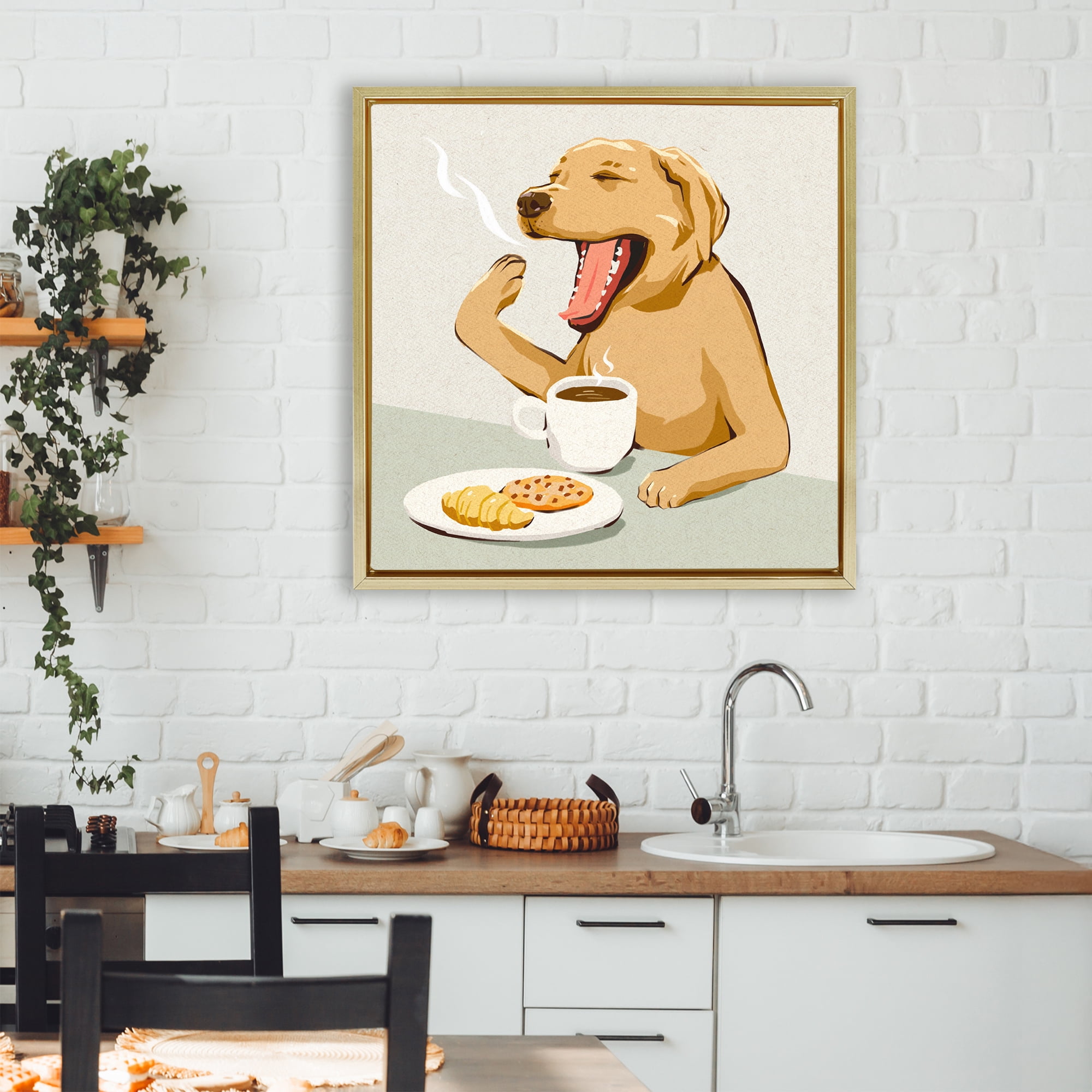 Stupell Industries Yawning Dog Morning Coffee Gold Framed Floater Canvas Wall Art, design by Ziwei Li