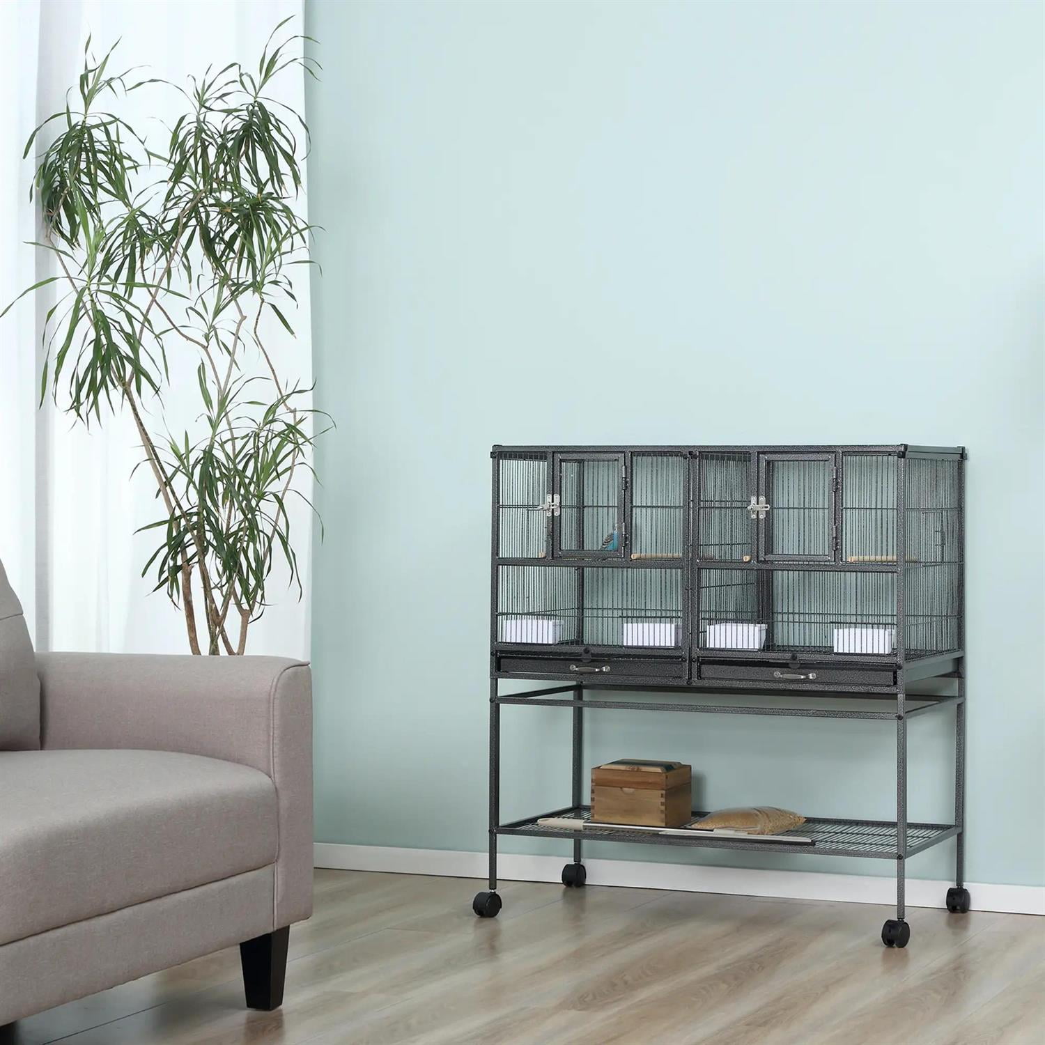 Pefilos Divided Breeder Bird Aviary, 40" Birdcage with Rolling Stand , Removable Bottom Tray and Wood Perch, Ideal for Finches, Parakeet, Black