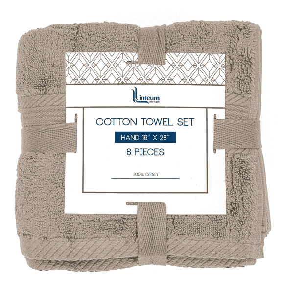 Linteum Textile Supply 6 Piece Towel Set, 16x28 Inch, 100% Soft Cotton Zero Twist 16 Single Yarn Ring Spun Luxury Hand and Face Towels Spa Quality, Taupe