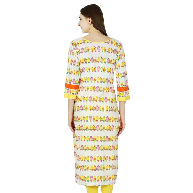 Kurti Ethnique Blanc Haut en Coton Imprimé Oiseaux Kurta Bollywood Tunique Robe pour Femmes
