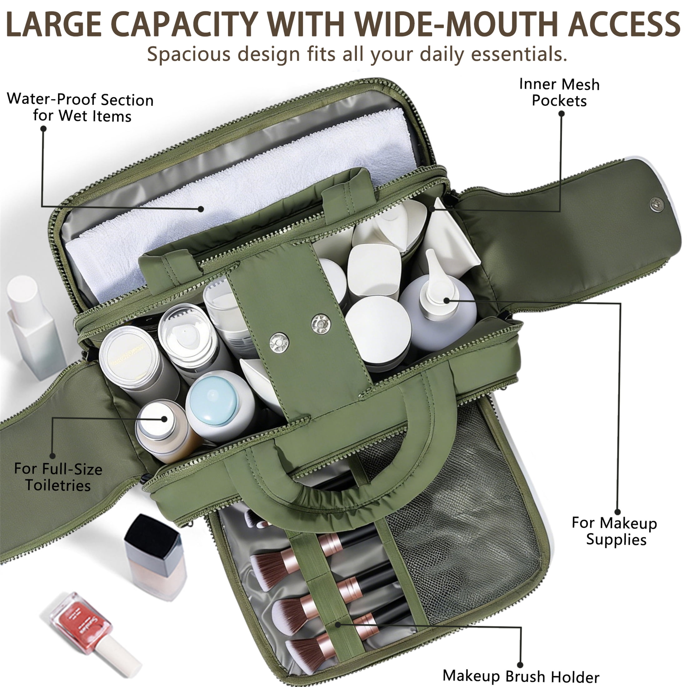 Puffy Travel Toiletry Bag for Women, Wide-Open Cosmetic Makeup Bag Organizer with Handle, Lightweight Quilted Travel Bag for Accessories, Essentials, Toiletries, Green