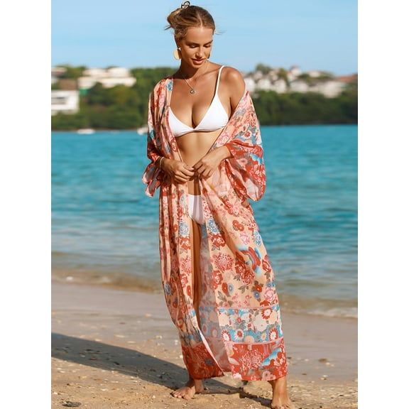 Charmo Womens Geometric Print Swim Cover Up Open Front Loose Casual Resort Beachwear