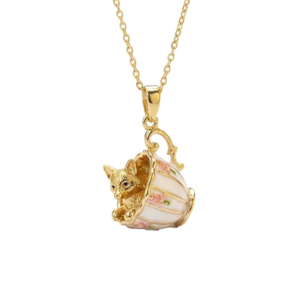 PAURO Animal Tea Cup Necklace for Women Pendant Charm Stainless Steel Gold Plated Cute Dainty Vintage Gift for Her Meaningful Personalized Everyday Elegant Jewelry Fox