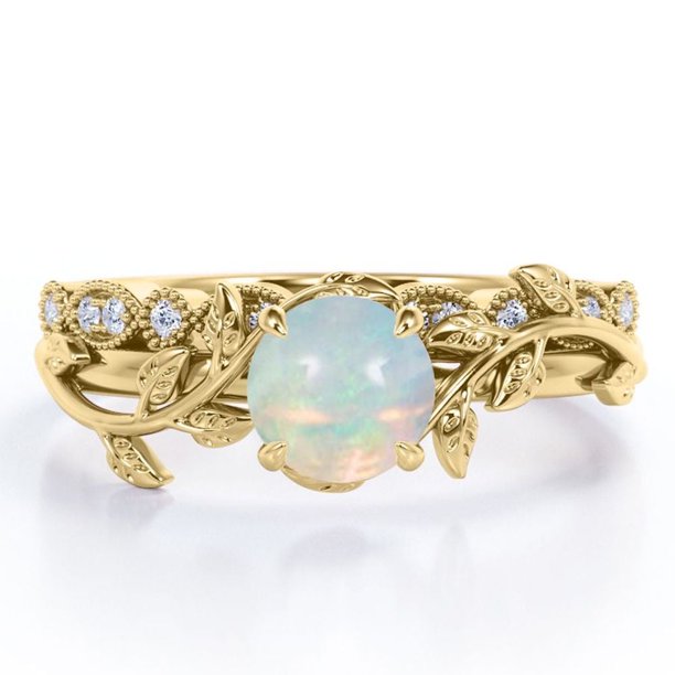 JeenMata Anillo Nupcial con Diseño de Hoja de Rama de Moissanita y Ópalo de Fuego Redondo de 0,65 Quilates Engastado en Garras con Solitario en Baño de Oro Amarillo de 18 K sobre Plata