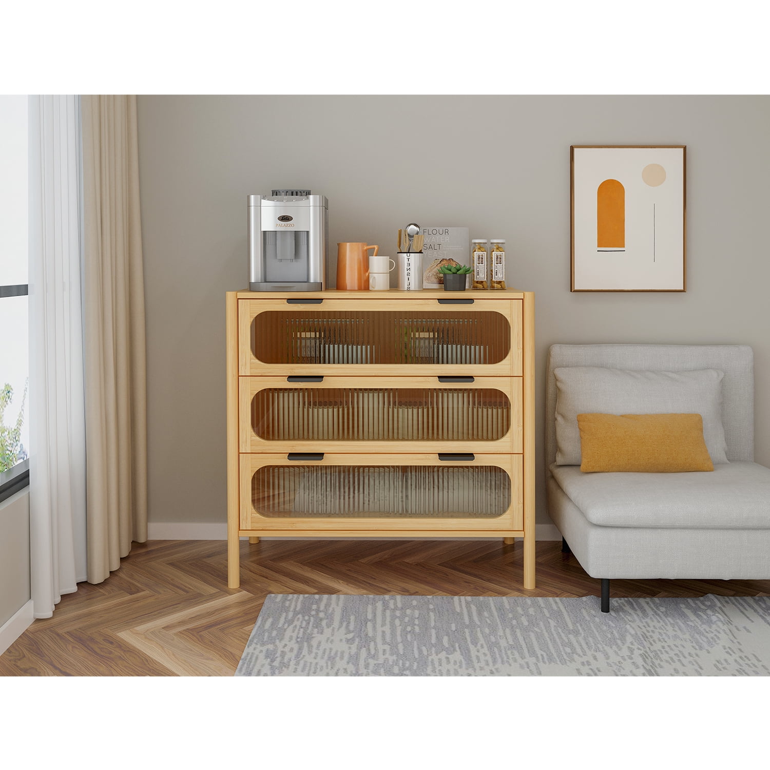 Kadyn Bedside End Table, Bamboo Bedside Table with 3 Drawers, Modern Accent Side Table for Bedroom, Living Room, Barnwood