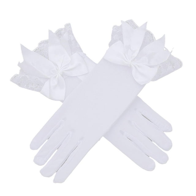 Guantes de encaje para mujer, guantes de muñeca con lazo, guantes de boda para noche Blanco