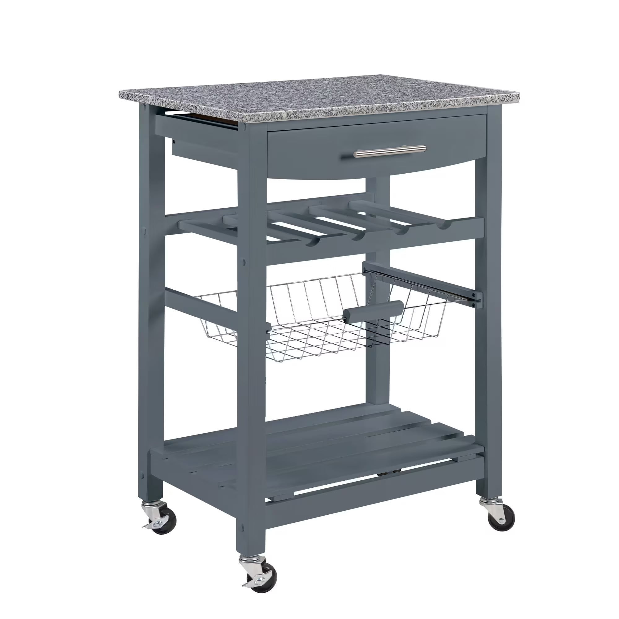 Mobile Rolling Kitchen Island Cart with Marble Top, Kitchen Trolley with Drawer, Slide-Out Wire Basket, Lockable Casters, Portable Serving Cart for Kitchen, Dining Room, Grey