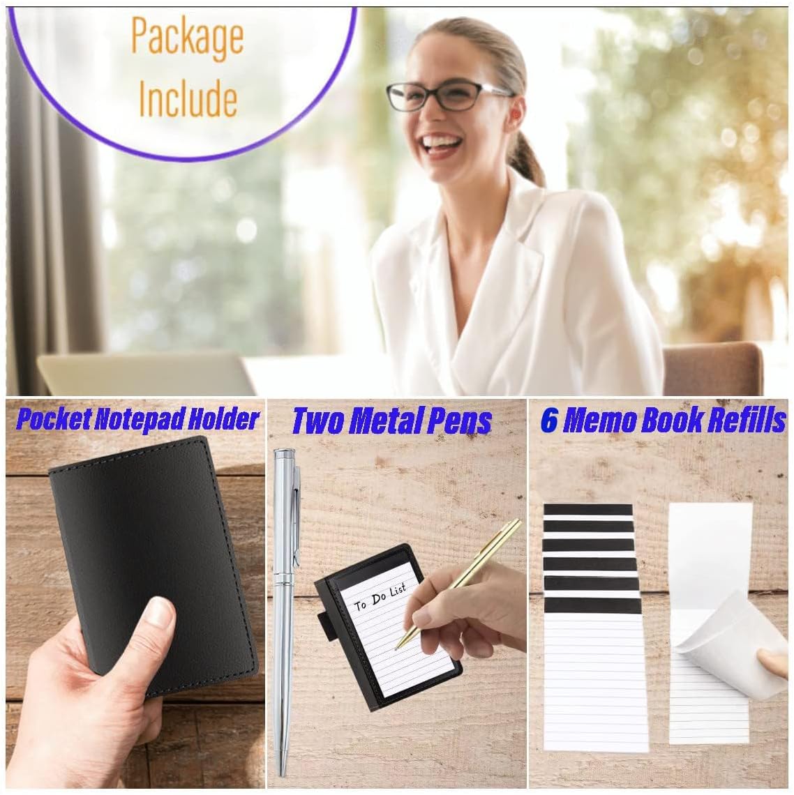 9 Pieces Mini Pocket Notepad Set,Included Leather Pocket Note Pad Holder,180 Sheets 6 Pack 3×5 Inch Small Notebook Refills,2 Metal Ballpoint Pens