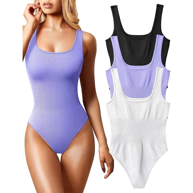 Justaucorps 3 Pcs pour Femmes Aguichant Côtelé Sans Manches à Encolure Carrée Débardeurs Sans Manches Justaucorps