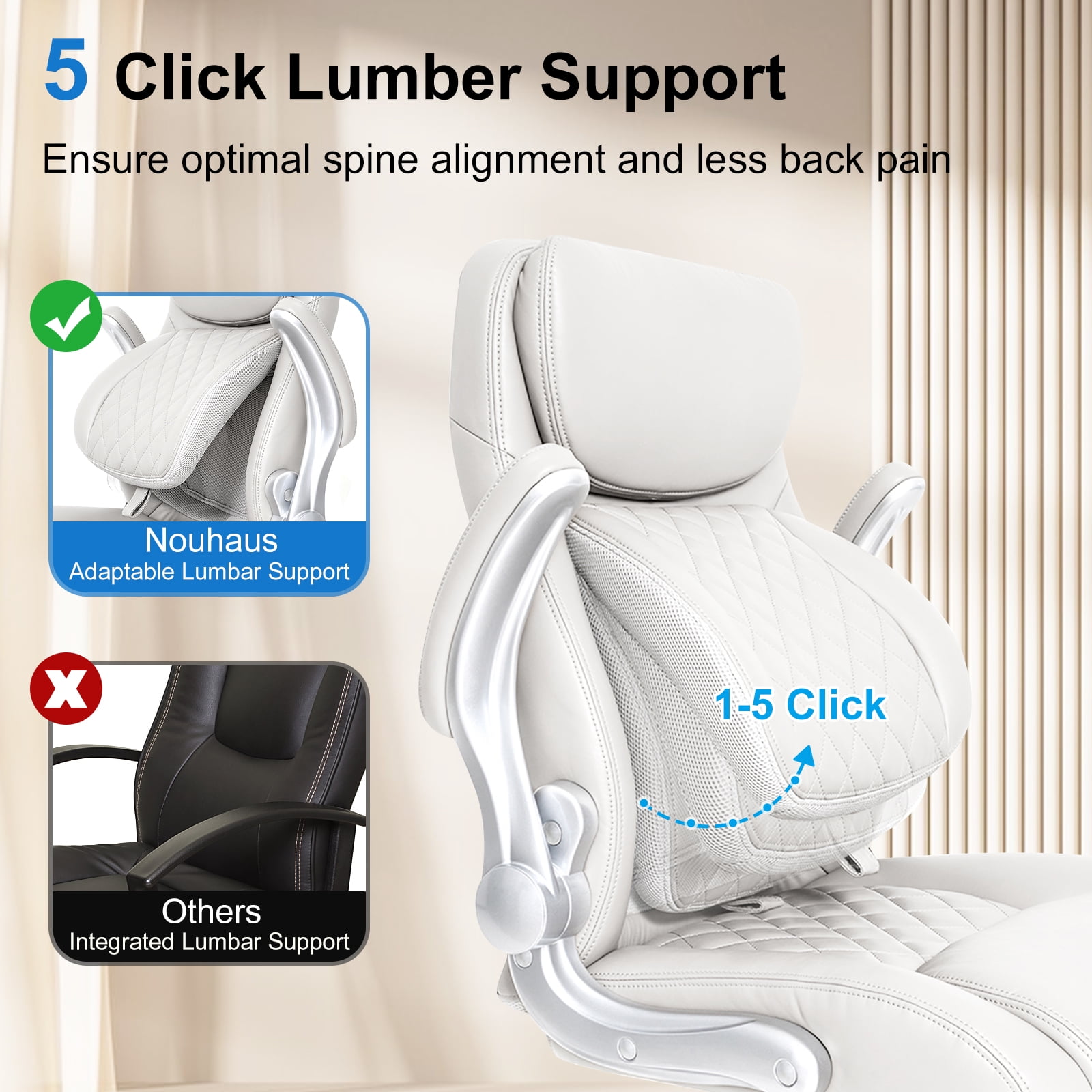 Nouhaus Office Ergonomic Desk High Back Executive Chair with Pop-Out Lumbar Support, Adjustable Headrest, Flip-Up Arms, Leather Home with Thick Cushion for Comfort - White
