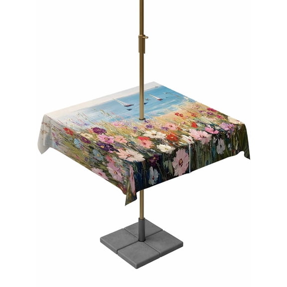 Square Outdoor Tablecloth with Umbrella Hole Spring Floral Outside Table Cloth Waterproof Patio Table Cover Oil Painting Art Landscape Beach Zipper Tablecloths for Picnic Party Camping 54x54 Inch
