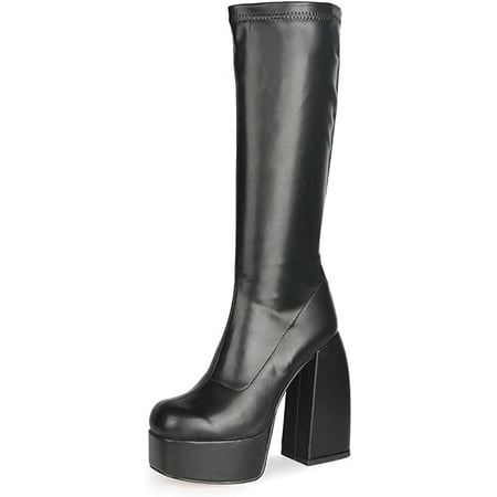 

Womens Mid Calf Platform Block Boots Sqaure Toe Knee High Booties Punk Style Shoes Combat GO GO Boots For Women