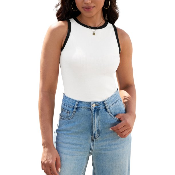 ATHLECHIC Camisetas Casual Sin Mangas de Verano para Mujeres con Cuello Redondo y Bloque de Color en Ribete L Blanco Negro
