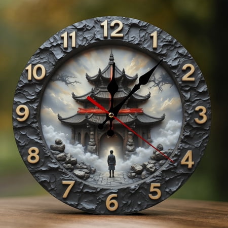 Wall Clock Decorative - Oriental Pagoda Scene A Print 2D Vintage Wall Clocks Battery Operated Silent Non-Ticking for Bedroom, Living Room, Kitchen, Office, Classroom, 10 Inch