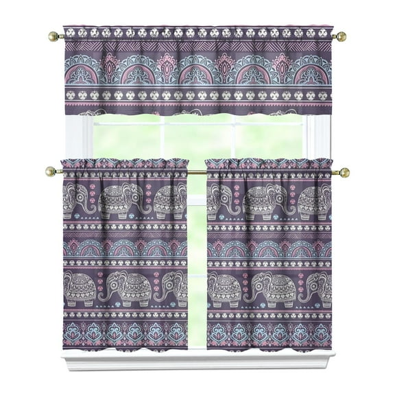 Kitchen Curtains 36 Inch Short - 3 Panel Set, Boho Elephant Mandala Print, Rod Pocket Window Curtain, 100% Polyester for Farmhouse, Retro Bohemian Kitchen, Easy Wash