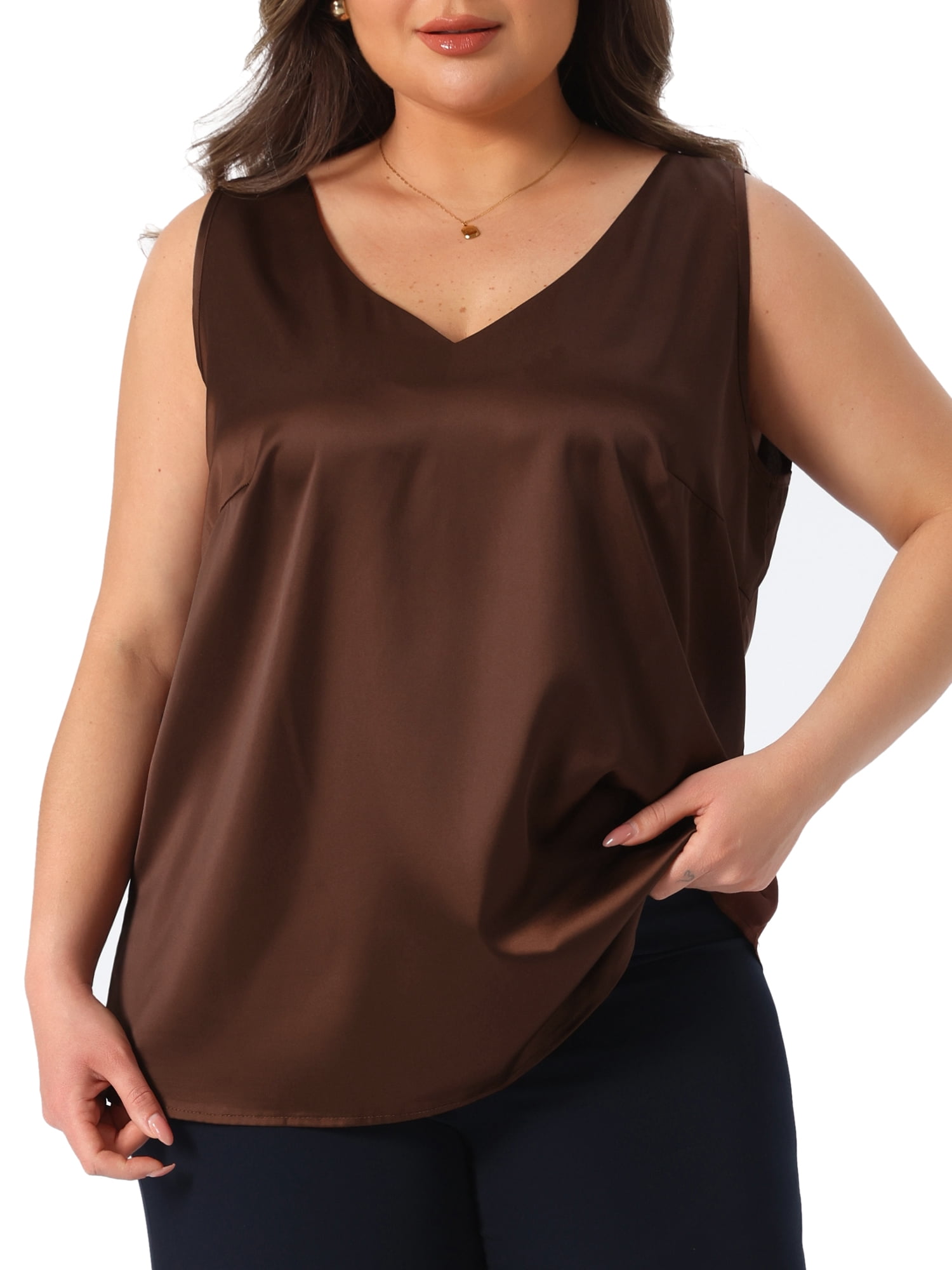 DARING DIVA Women's Plus Casual Silk Satin Tank Top V Neck Cami Blouse 2X Dark Brown