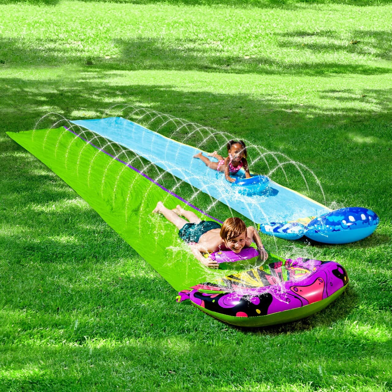 2 Pack 19.2ft Water Slide with Bodyboards, Waterslide Summer Toy with