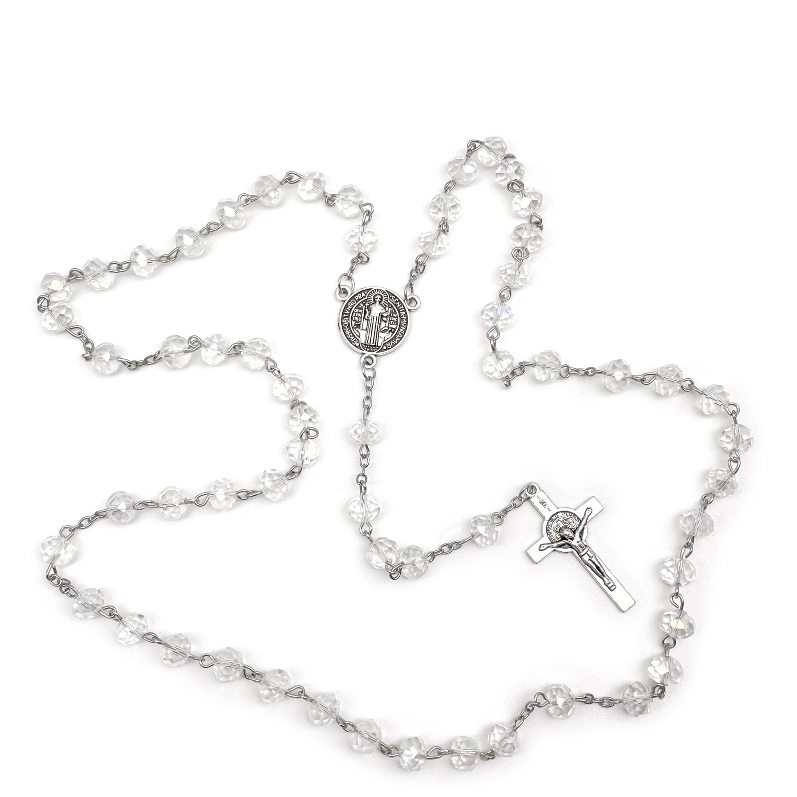 12 X Wholesale Bulk saint benedict Crystal Rosary necklace 18 inches drop down for Baptism , Wedding , Religious Favor /Baptism Favor/baby shower/