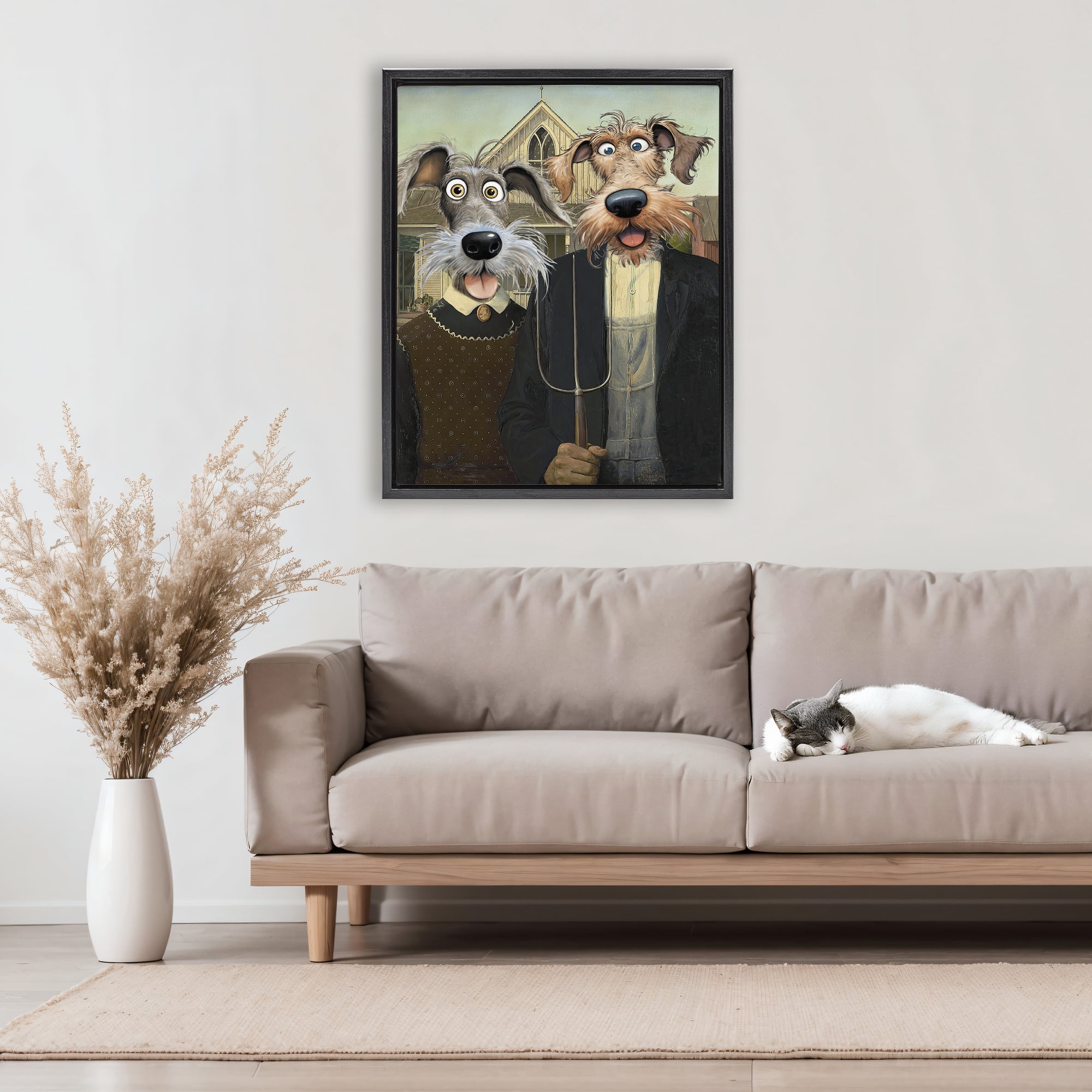 Stupell Industries American Gothic Pups Black Framed Floater Canvas Wall Art, design by Tina LeCour