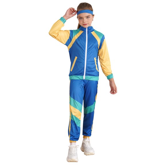 Doomiva Kids Girls 80s Hip Hop Tracksuit Long Sleeve Zip Up Top Jacket with Sweatpants Headband  Retro Disco Dancewear Blue 4-6