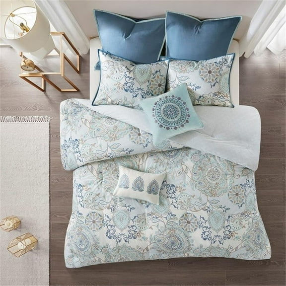 Pemberly Row 8 Piece Cotton Floral Printed Reversible Comforter Set in Blue