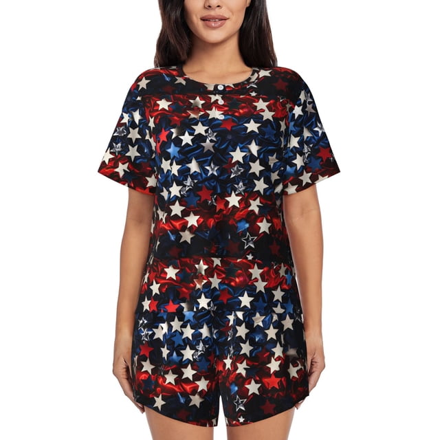Balery Red Blue White Stars Conjunto de Pijama para Mujer con Estampado, Dos Piezas de Manga Corta y Shorts, Ropa de Dormir Suave con Cuello Redondo y Bolsillos-Small