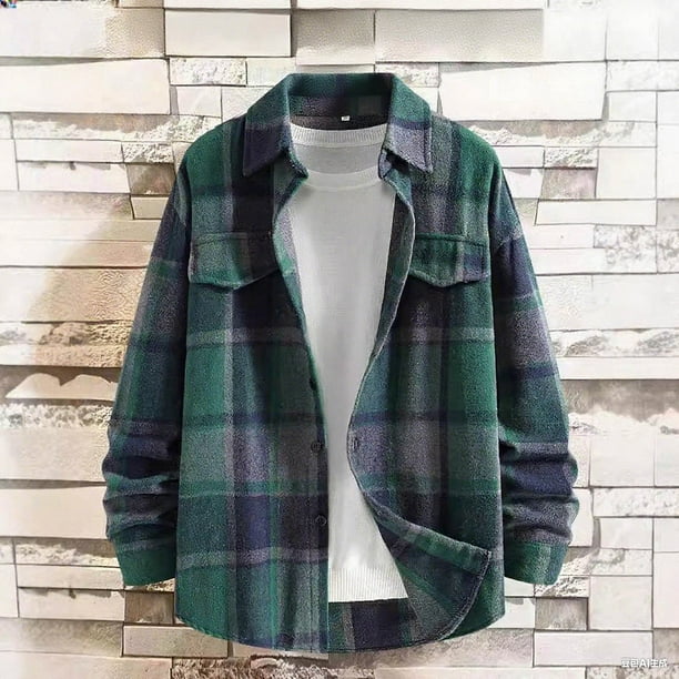 Blusa y camisa de manga larga con cuello vuelto para hombre, informal, de manga larga, con solapa, estampado a cuadros, botones, bolsillo falso, chaqueta, blusa de poliéster para hombre