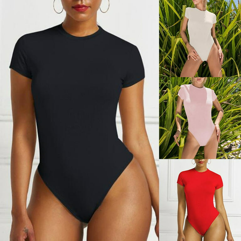 Girlsshop Womens Thong Bodysuit Top Short Sleeve Solid Color High Cut  Leotard Basic Top